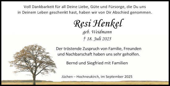 Traueranzeige von Resi Henkel von trauer.stadt-kurier.de