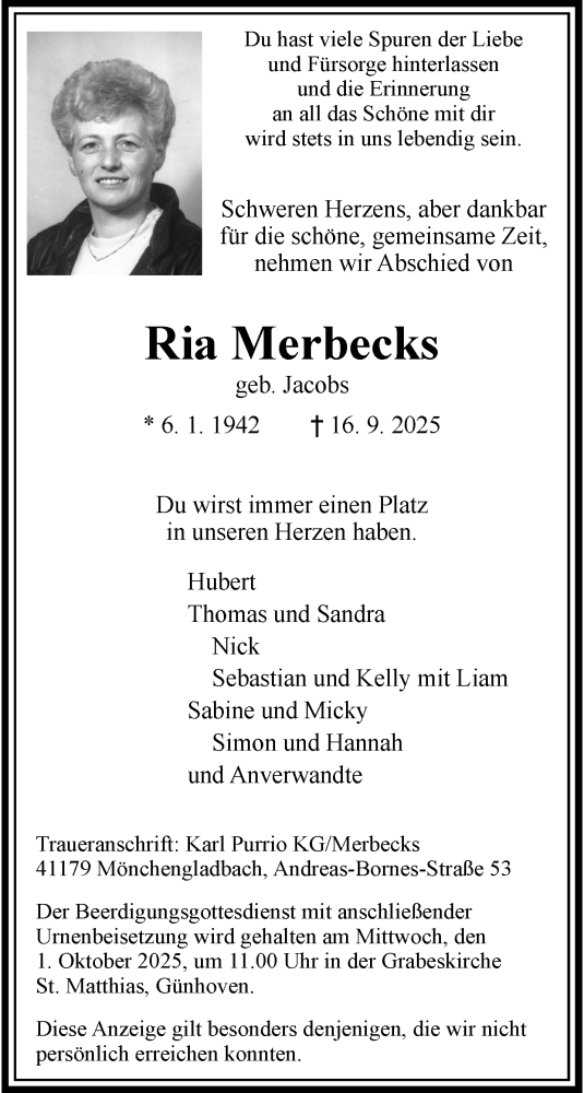  Traueranzeige für Ria Merbecks vom 28.09.2025 aus trauer.panorama-anzeigenblatt.de