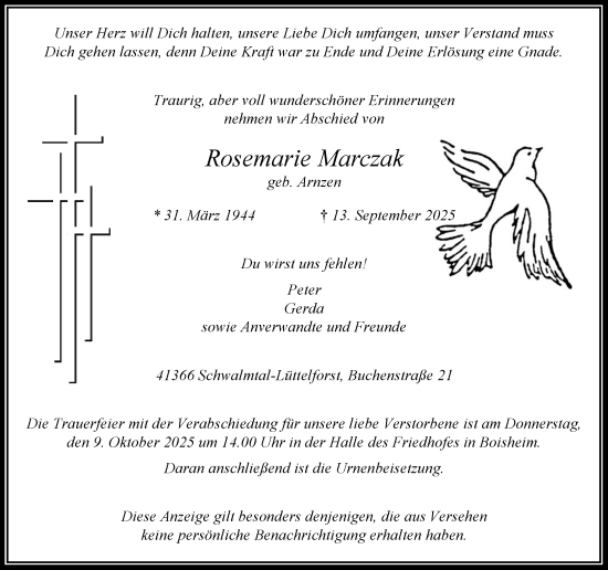 Traueranzeige von Rosemarie Marczak von trauer.panorama-anzeigenblatt.de