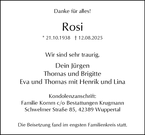 Traueranzeige von Rosi  von trauer.wuppertaler-rundschau.de