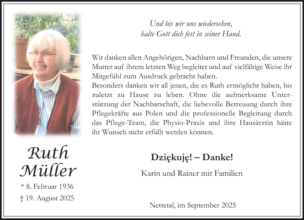  Traueranzeige für Ruth Müller vom 28.09.2025 aus trauer.panorama-anzeigenblatt.de