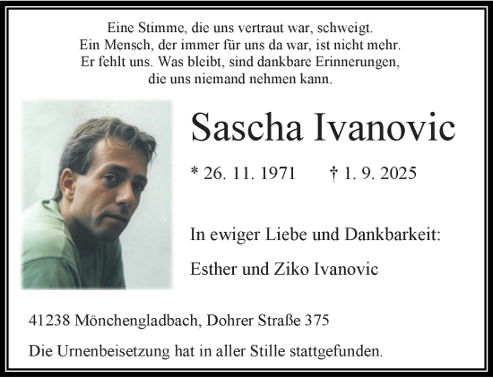 Traueranzeige von Sascha Ivanovic von trauer.panorama-anzeigenblatt.de