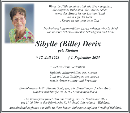 Traueranzeige von Sibylle Derix von Rheinisch-Bergische Anzeigenblatt