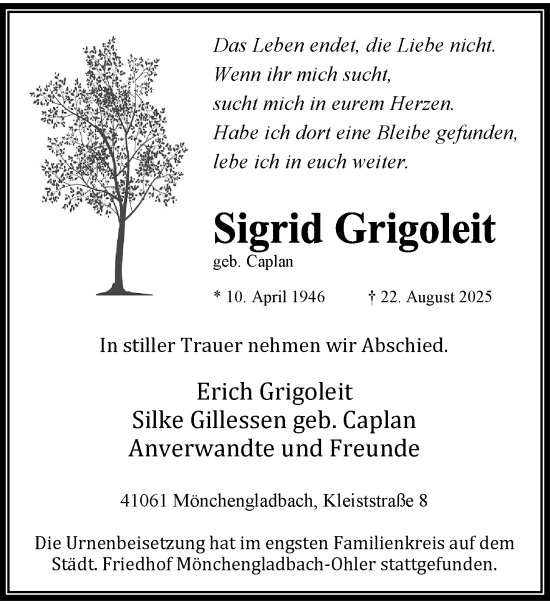 Traueranzeige von Sigrid Grigoleit von Rheinisch-Bergische Anzeigenblatt