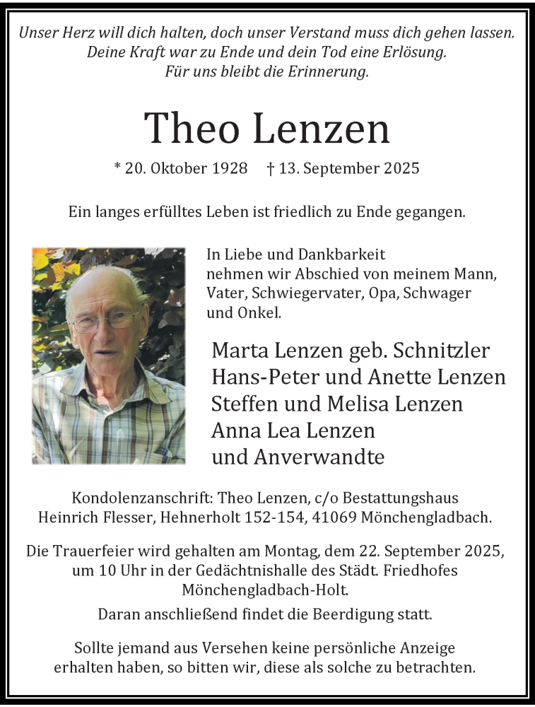  Traueranzeige für Theo Lenzen vom 21.09.2025 aus trauer.panorama-anzeigenblatt.de
