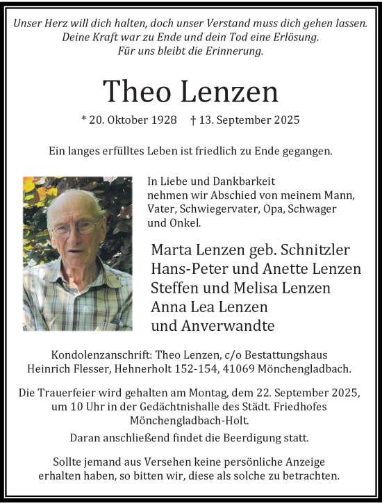 Traueranzeige von Theo Lenzen von trauer.panorama-anzeigenblatt.de