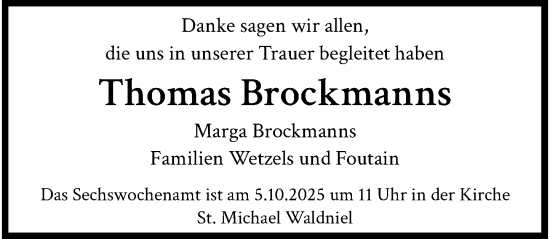 Traueranzeige von Thomas Brockmanns von trauer.panorama-anzeigenblatt.de