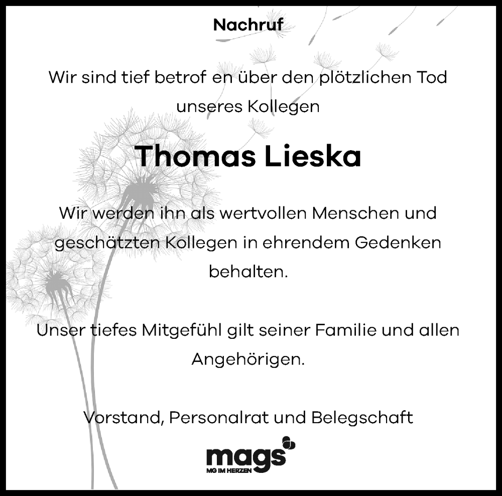  Traueranzeige für Thomas Lieska vom 14.09.2025 aus trauer.panorama-anzeigenblatt.de