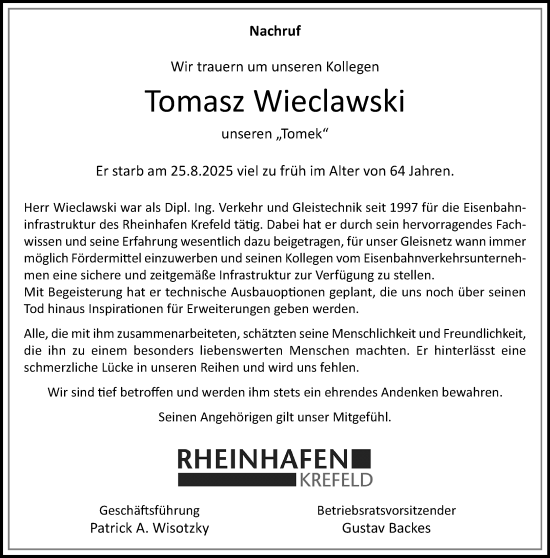 Traueranzeige von Tomasz Wieclawski von trauer.panorama-anzeigenblatt.de