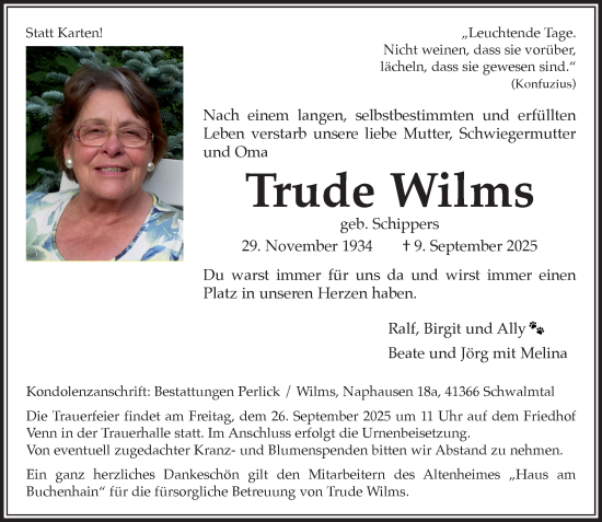 Traueranzeige von Trude Wilms von trauer.panorama-anzeigenblatt.de