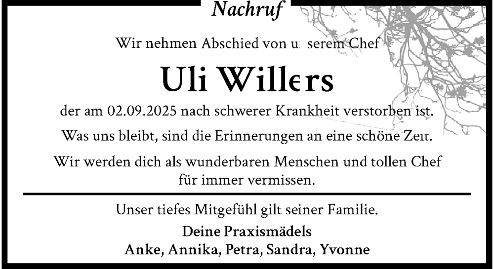  Traueranzeige für Uli Willers vom 21.09.2025 aus trauer.panorama-anzeigenblatt.de