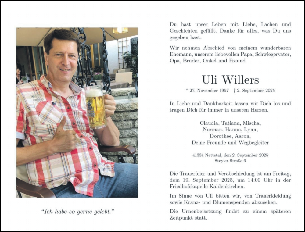  Traueranzeige für Uli Willers vom 14.09.2025 aus trauer.panorama-anzeigenblatt.de