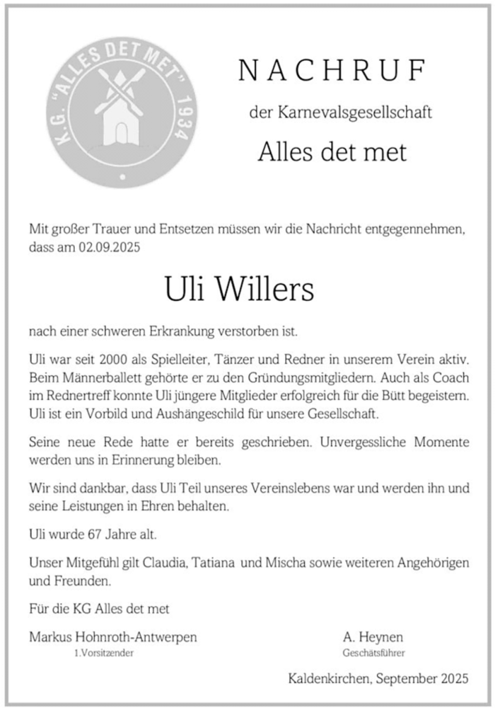  Traueranzeige für Uli Willers vom 14.09.2025 aus trauer.panorama-anzeigenblatt.de