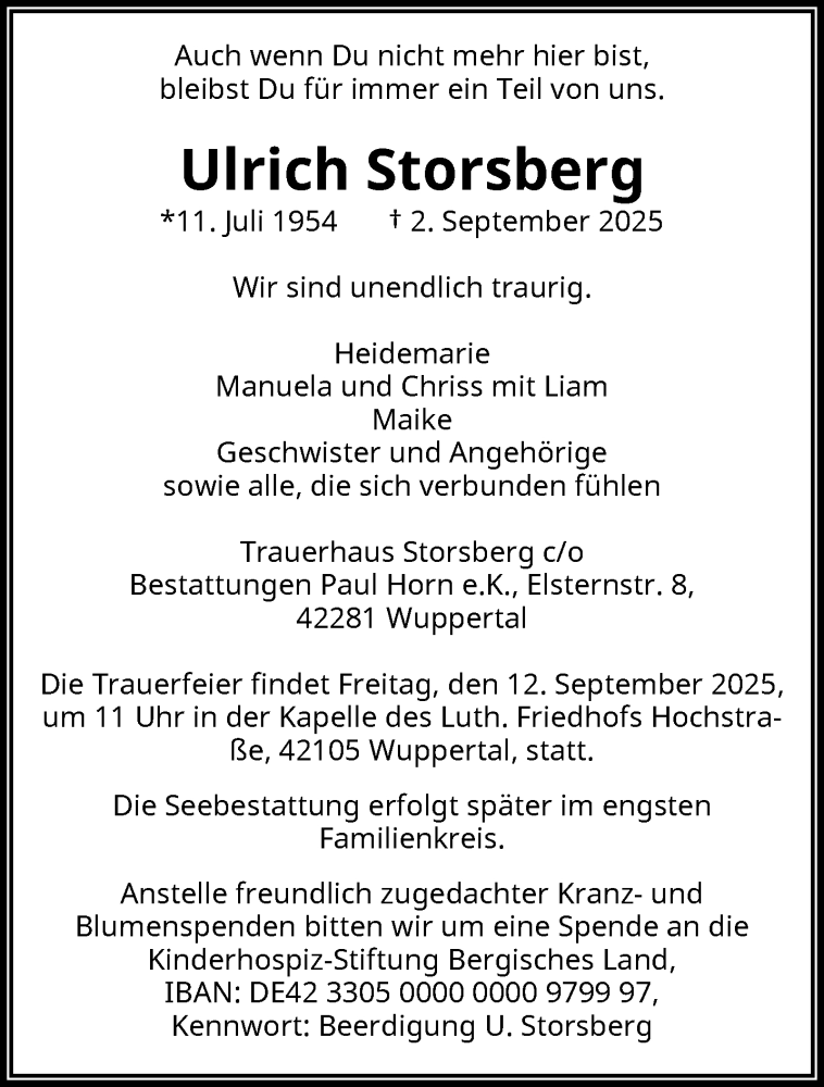  Traueranzeige für Ulrich Storsberg vom 06.09.2025 aus trauer.wuppertaler-rundschau.de