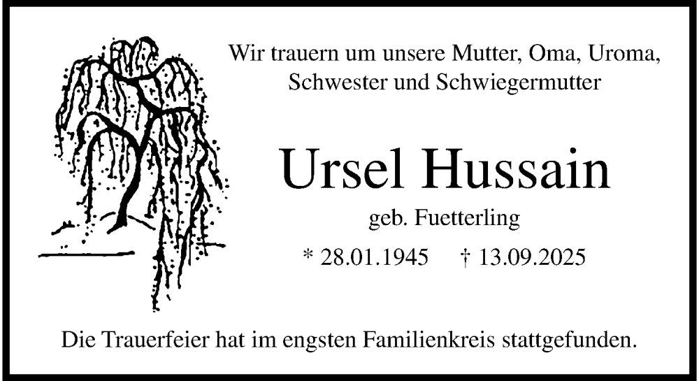  Traueranzeige für Ursel Hussain vom 28.09.2025 aus trauer.panorama-anzeigenblatt.de