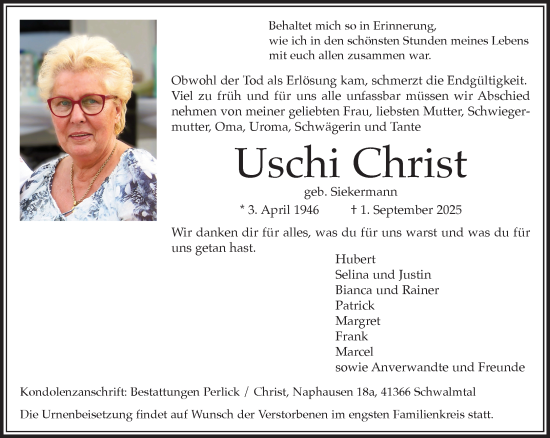 Traueranzeige von Uschi Christ von Rheinisch-Bergische Anzeigenblatt