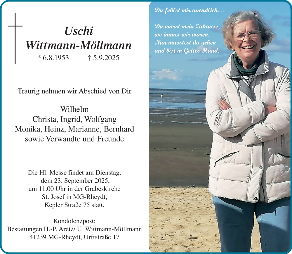  Traueranzeige für Uschi Wittmann-Möllmann vom 14.09.2025 aus trauer.panorama-anzeigenblatt.de