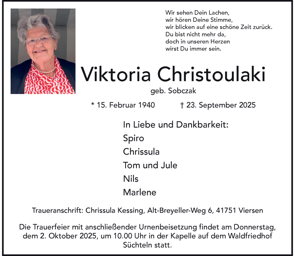  Traueranzeige für Viktoria Christoulaki vom 28.09.2025 aus trauer.panorama-anzeigenblatt.de