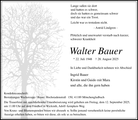 Traueranzeige von Walter Bauer von Rheinisch-Bergische Anzeigenblatt
