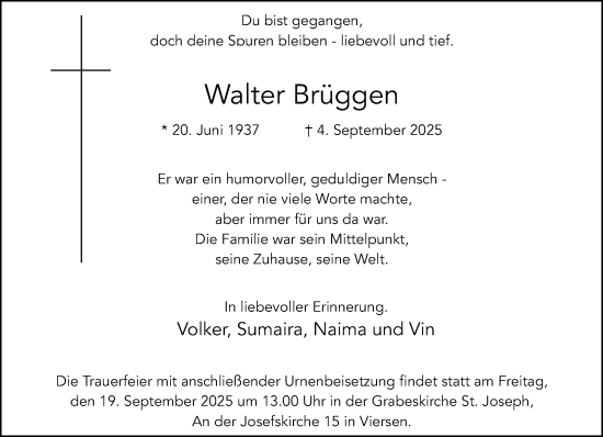 Traueranzeige von Walter Brüggen von trauer.panorama-anzeigenblatt.de