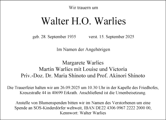 Traueranzeige von Walter H.O. Warlies von trauer.panorama-anzeigenblatt.de