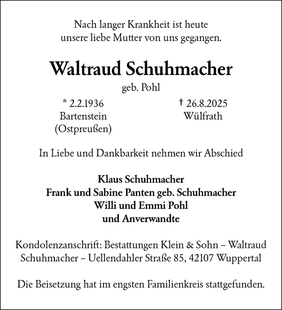 Traueranzeige von Waltraud Schuhmacher von trauer.wuppertaler-rundschau.de