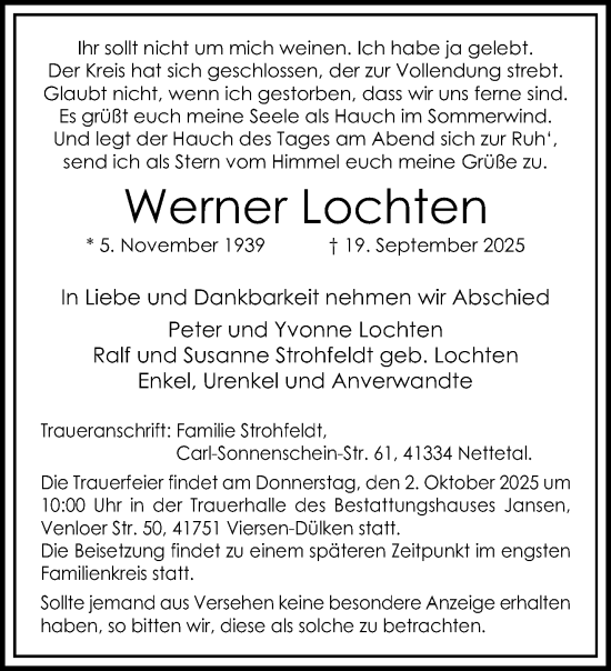 Traueranzeige von Werner Lochten von trauer.panorama-anzeigenblatt.de