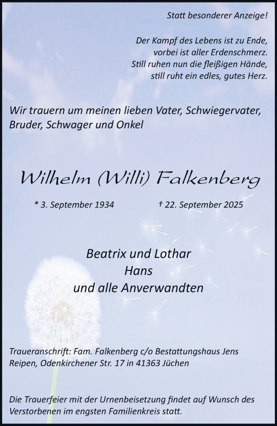 Traueranzeige von Wilhelm Falkenberg von trauer.stadt-kurier.de