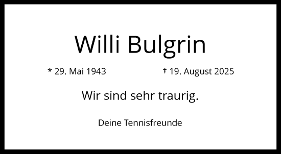 Traueranzeige von Willi Bulgrin von trauer.wuppertaler-rundschau.de