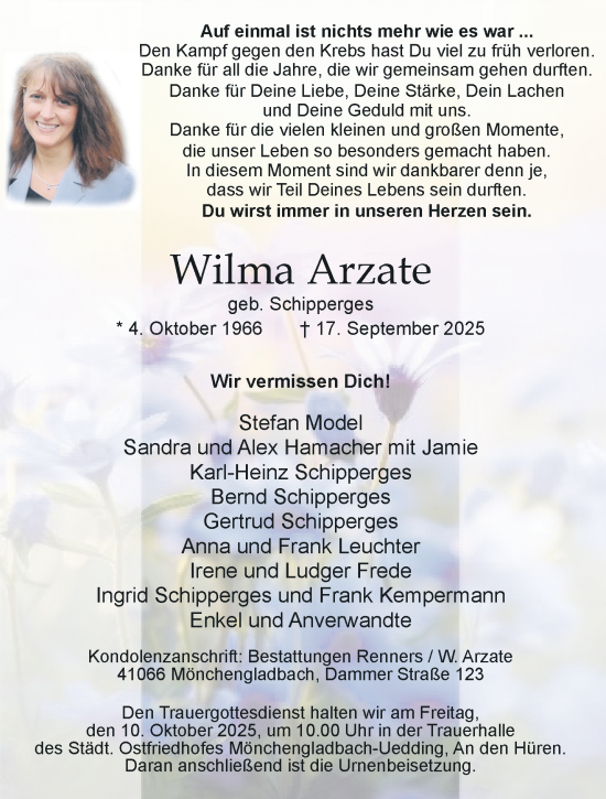 Traueranzeige von Wilma Arzate von trauer.panorama-anzeigenblatt.de