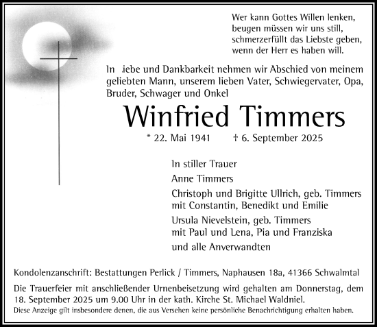 Traueranzeige von Winfried Timmers von trauer.panorama-anzeigenblatt.de