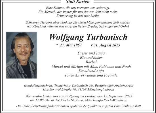 Traueranzeige von Wolfgang Turbanisch von Rheinisch-Bergische Anzeigenblatt