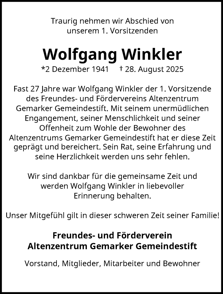  Traueranzeige für Wolfgang Winkler vom 06.09.2025 aus trauer.wuppertaler-rundschau.de