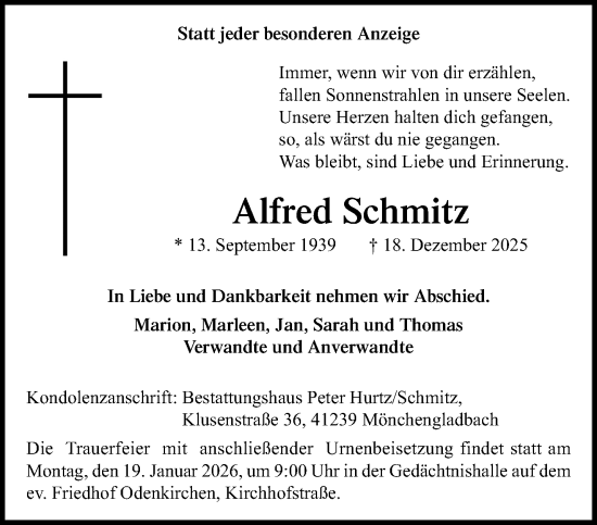 Traueranzeige von Alfred Schmitz von trauer.panorama-anzeigenblatt.de