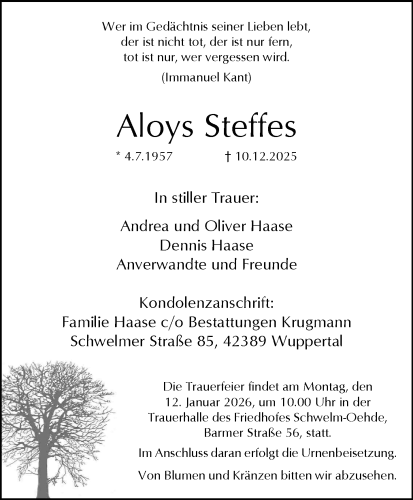  Traueranzeige für Aloys Steffes vom 03.01.2026 aus trauer.wuppertaler-rundschau.de
