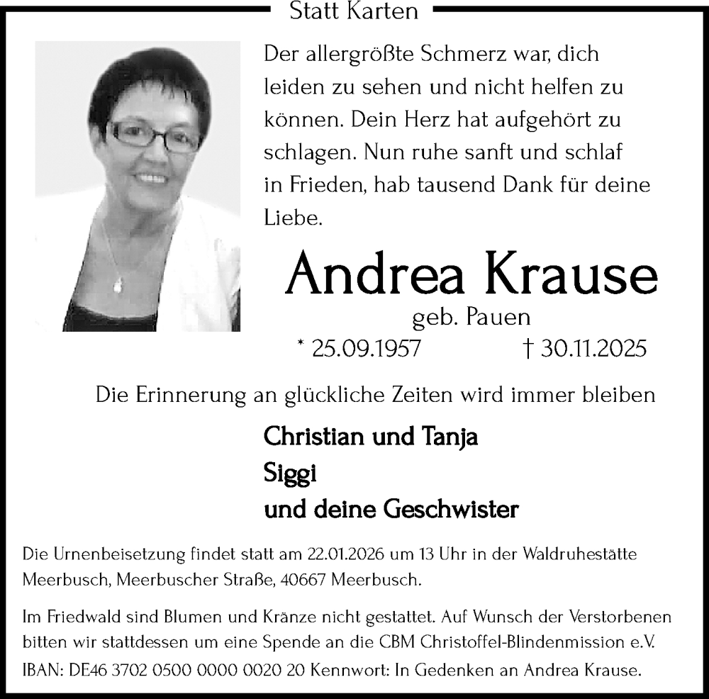  Traueranzeige für Andrea Krause vom 11.01.2026 aus trauer.panorama-anzeigenblatt.de