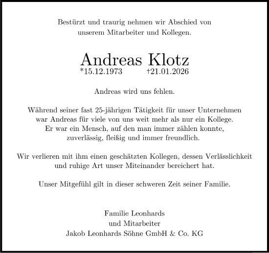 Traueranzeige von Andreas Klotz von trauer.wuppertaler-rundschau.de