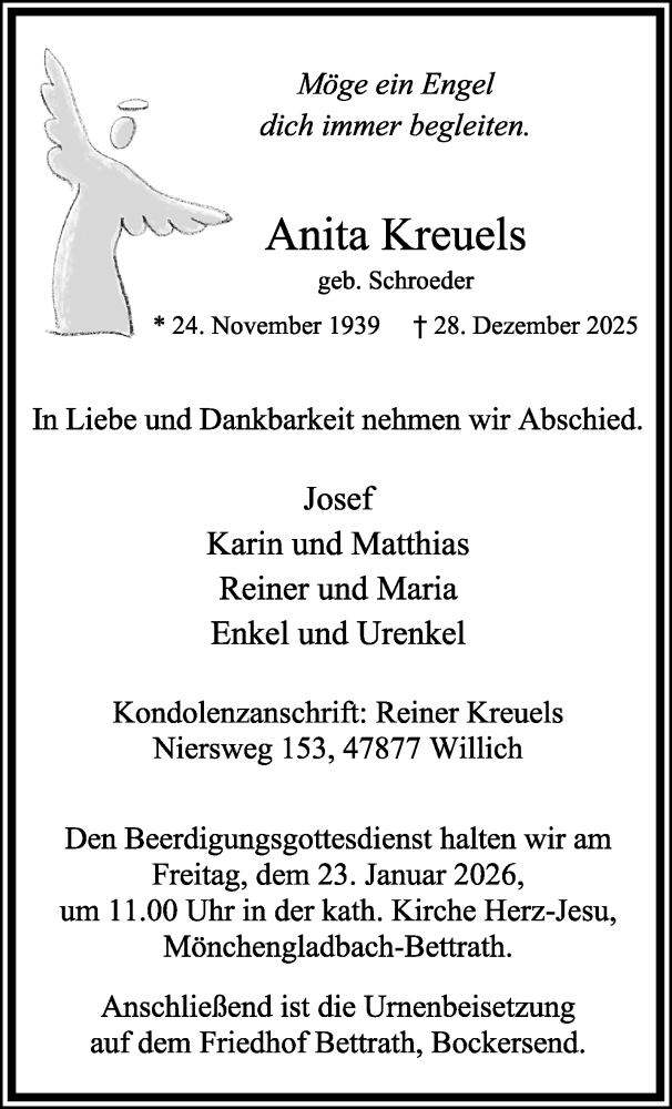  Traueranzeige für Anita Kreuels vom 18.01.2026 aus trauer.panorama-anzeigenblatt.de