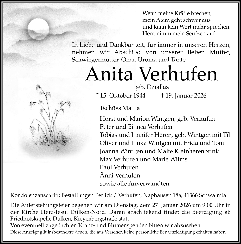  Traueranzeige für Anita Verhufen vom 25.01.2026 aus trauer.panorama-anzeigenblatt.de