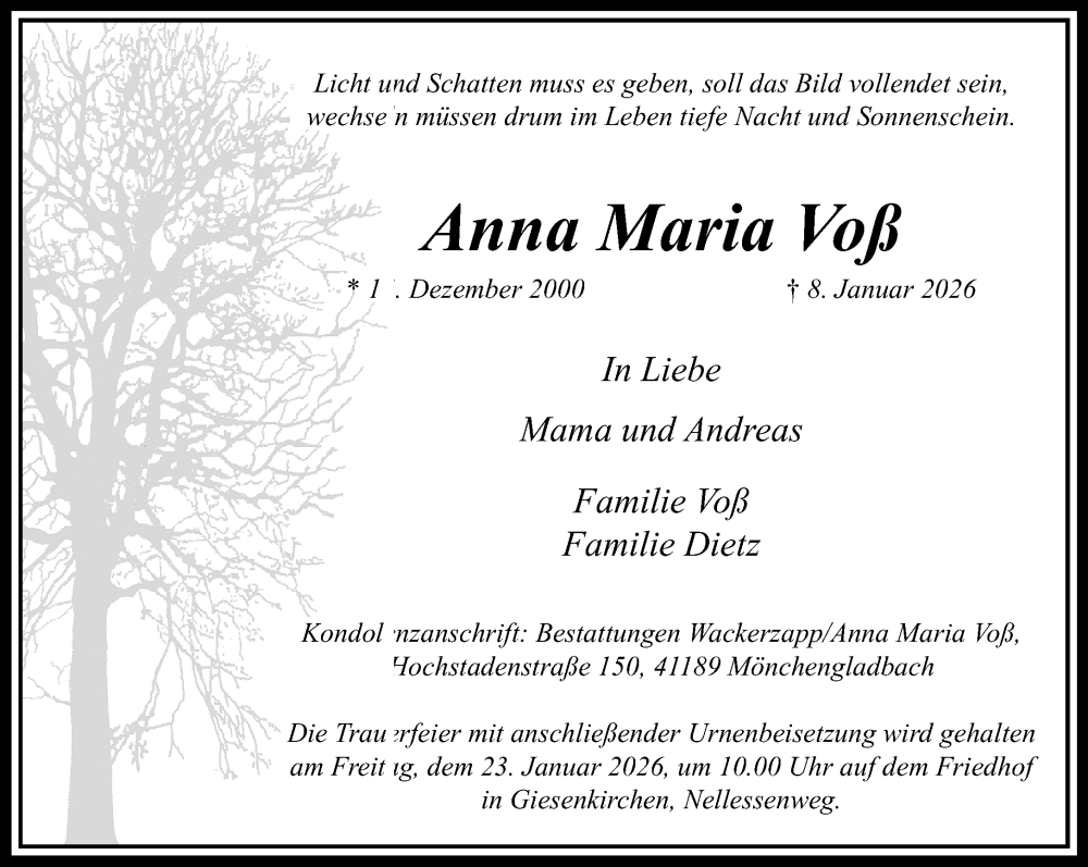  Traueranzeige für Anna Maria Voß vom 18.01.2026 aus trauer.panorama-anzeigenblatt.de