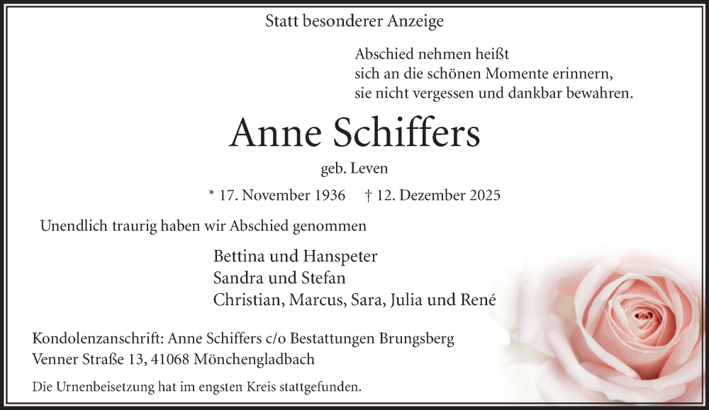  Traueranzeige für Anne Schiffers vom 11.01.2026 aus trauer.panorama-anzeigenblatt.de