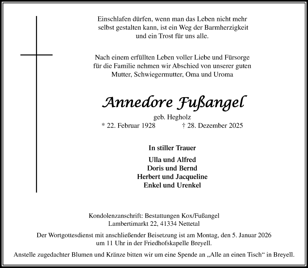  Traueranzeige für Annedore Fußangel vom 04.01.2026 aus trauer.panorama-anzeigenblatt.de