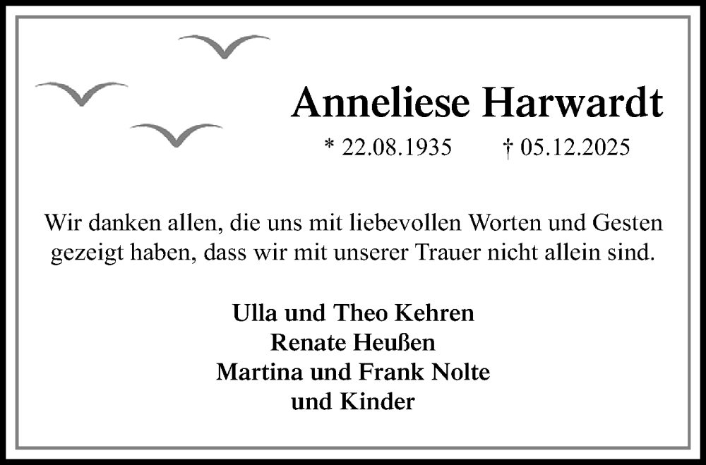  Traueranzeige für Anneliese Harwardt vom 25.01.2026 aus trauer.panorama-anzeigenblatt.de