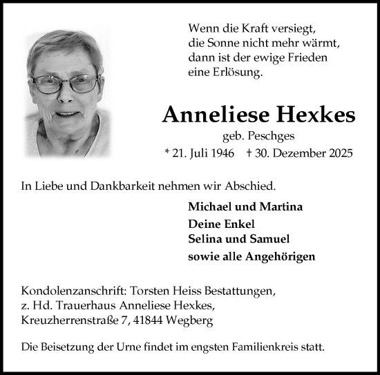 Traueranzeige von Anneliese Hexkes von trauer.panorama-anzeigenblatt.de