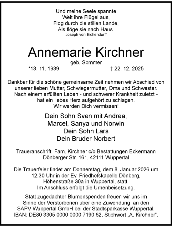 Traueranzeige von Annemarie Kirchner von trauer.wuppertaler-rundschau.de