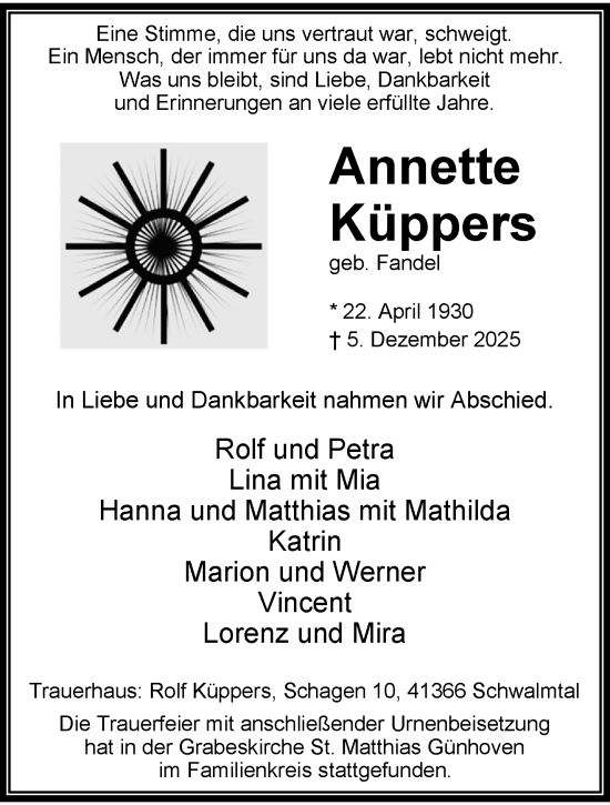 Traueranzeige von Annette Küppers von trauer.panorama-anzeigenblatt.de