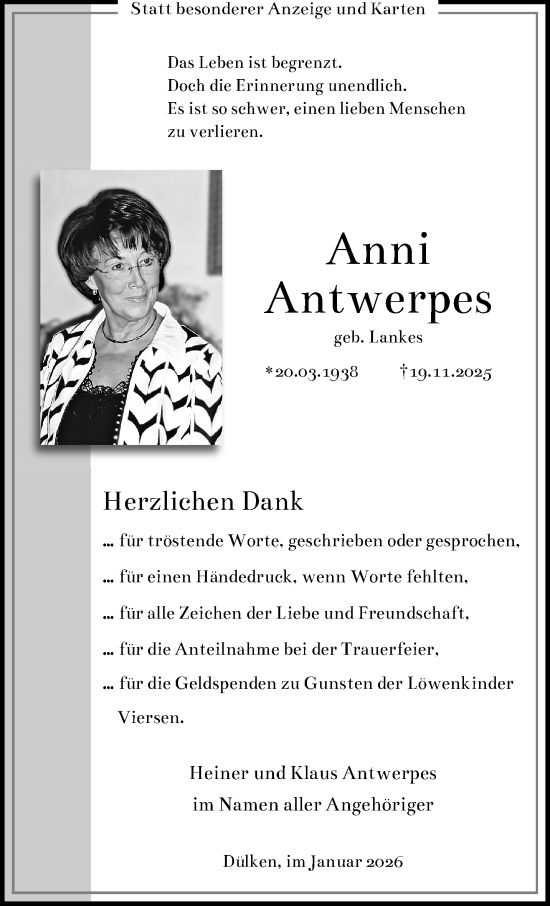 Traueranzeige von Anni Antwerpes von trauer.panorama-anzeigenblatt.de