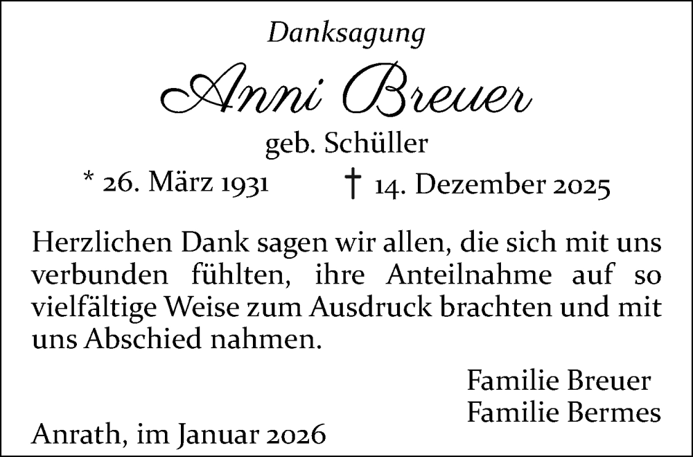  Traueranzeige für Anni Breuer vom 18.01.2026 aus trauer.panorama-anzeigenblatt.de