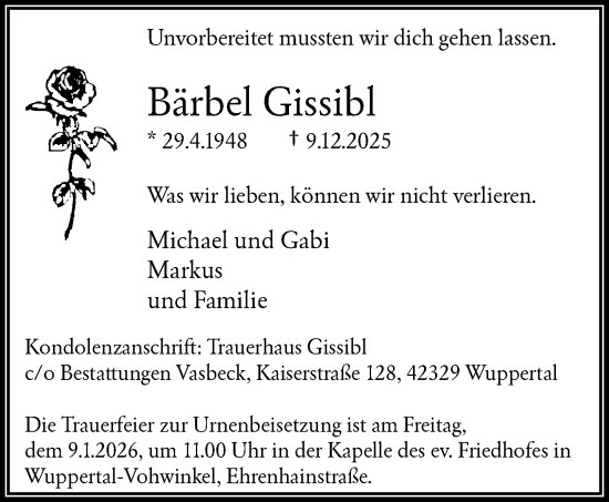 Traueranzeige von Bärbel Gissibl von trauer.wuppertaler-rundschau.de