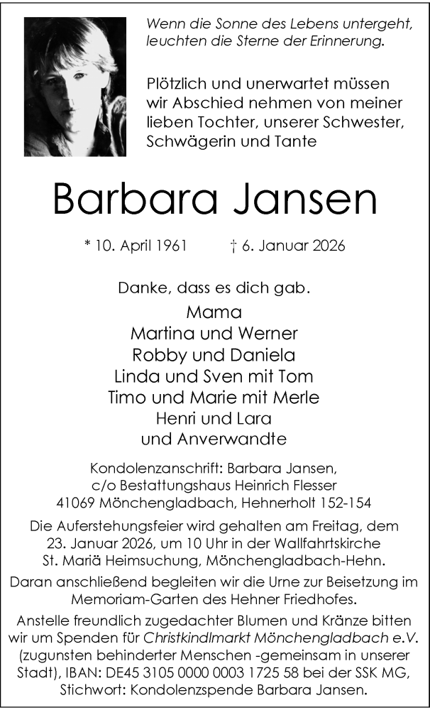  Traueranzeige für Barbara Jansen vom 18.01.2026 aus trauer.panorama-anzeigenblatt.de